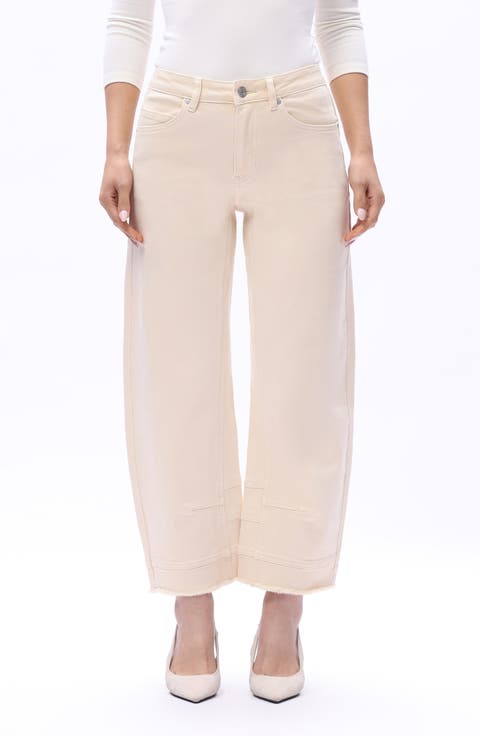 Frayed Mid Rise Ankle Barrel Leg Jeans