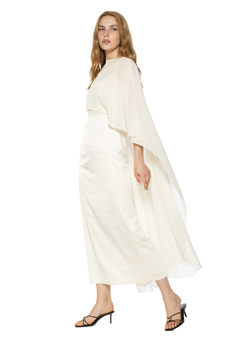 Satin Gown With Chifon Overlay, Alternate, color, Ivory