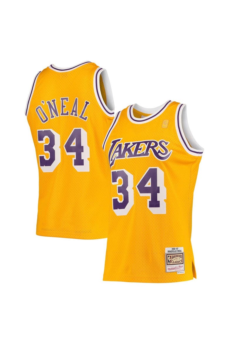 Men's Mitchell & Ness Shaquille O'Neal Gold Los Angeles Lakers 1996/97 Hardwood Classics Swingman Jersey, Alternate, color, Gold