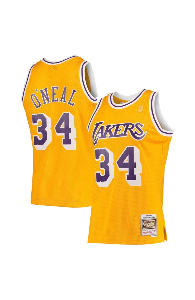 Mitchell & Ness Men's Mitchell & Ness Shaquille O'Neal Gold Los Angeles Lakers 1996/97 Hardwood Classics Swingman Jersey, Alternate, color, Gold