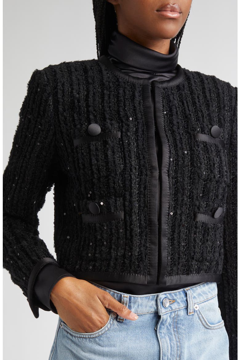 Sequin Bouclé Tweed Crop Jacket, Alternate, color, N0000 NERO