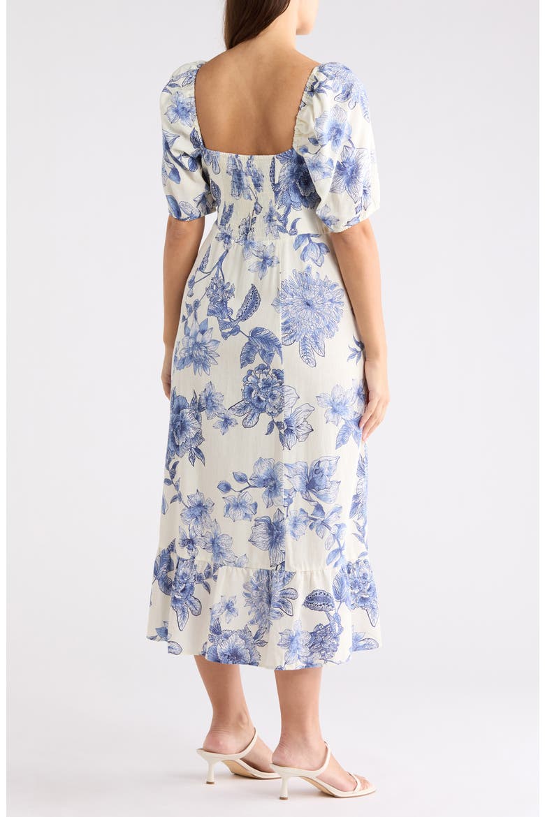 Floral Puff Sleeve Linen Blend Midi Dress, Alternate, color, WHITE/ BLUE