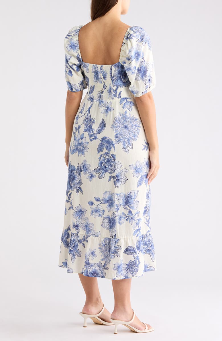 London Times Floral Puff Sleeve Linen Blend Midi Dress, Alternate, color, White/ Blue