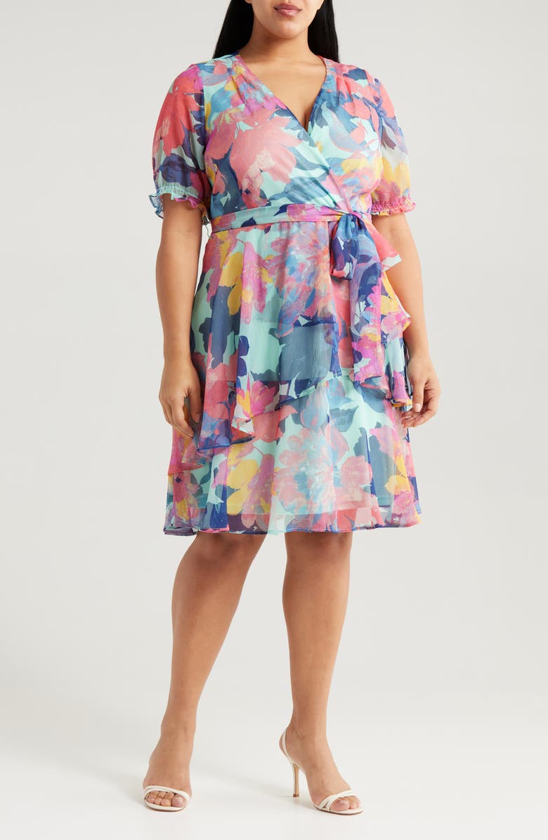 Tahari ASL Floral Shadow Stripe Short Sleeve Faux Wrap Dress, Main, color, Seafoam Multi