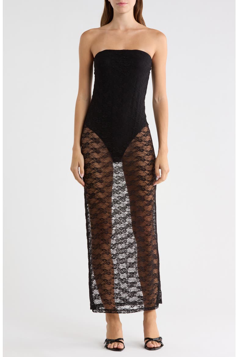 Strapless Lace Midi Dress, Main, color, BLACK