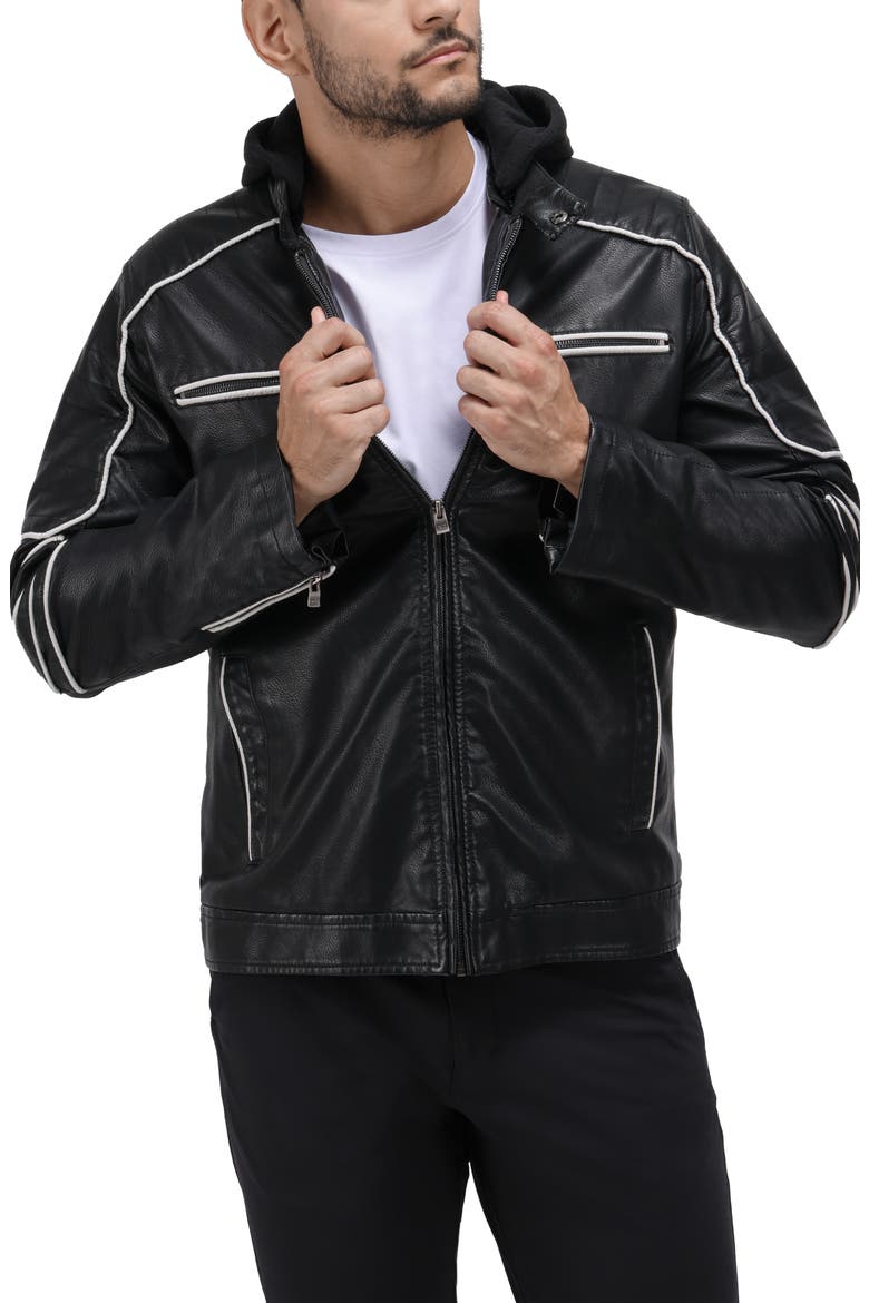 Faux Leather Hooded Moto Jacket with Faux Fur Lining, Alternate, color, BLACK/ WHITE