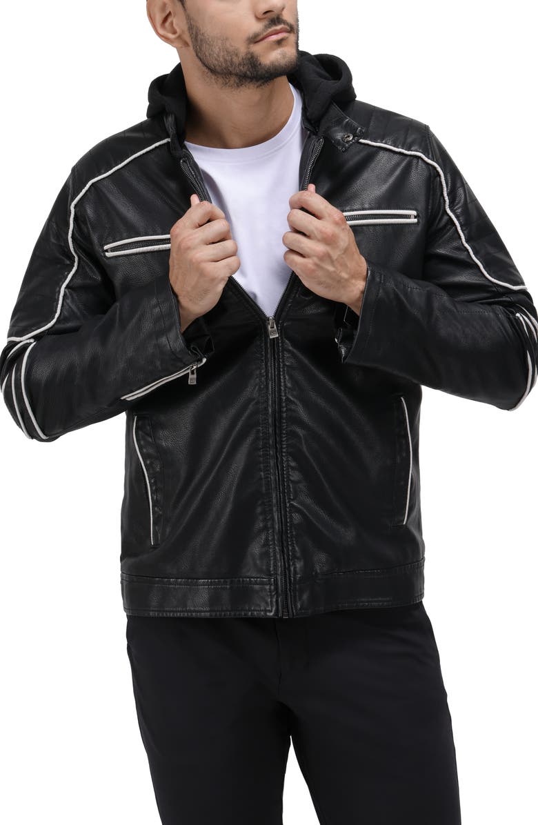 XRAY Faux Leather Hooded Moto Jacket with Faux Fur Lining, Alternate, color, Black/ White