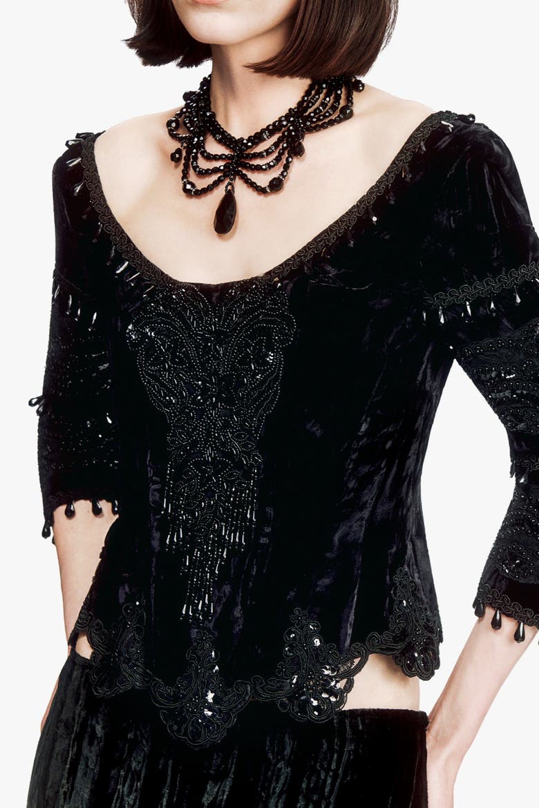 Crushed Velvet Beaded Corset, Alternate, color, Black