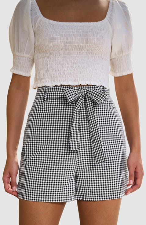Cotton Gingham Tie Belt Shorts
