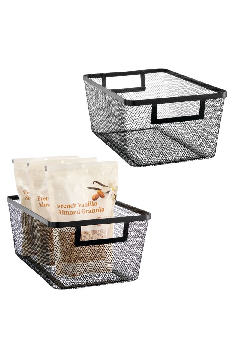 mDesign Metal Mesh Pantry Basket with Handles - Set of 2 - Matte Black, Alternate, color, Matte Black