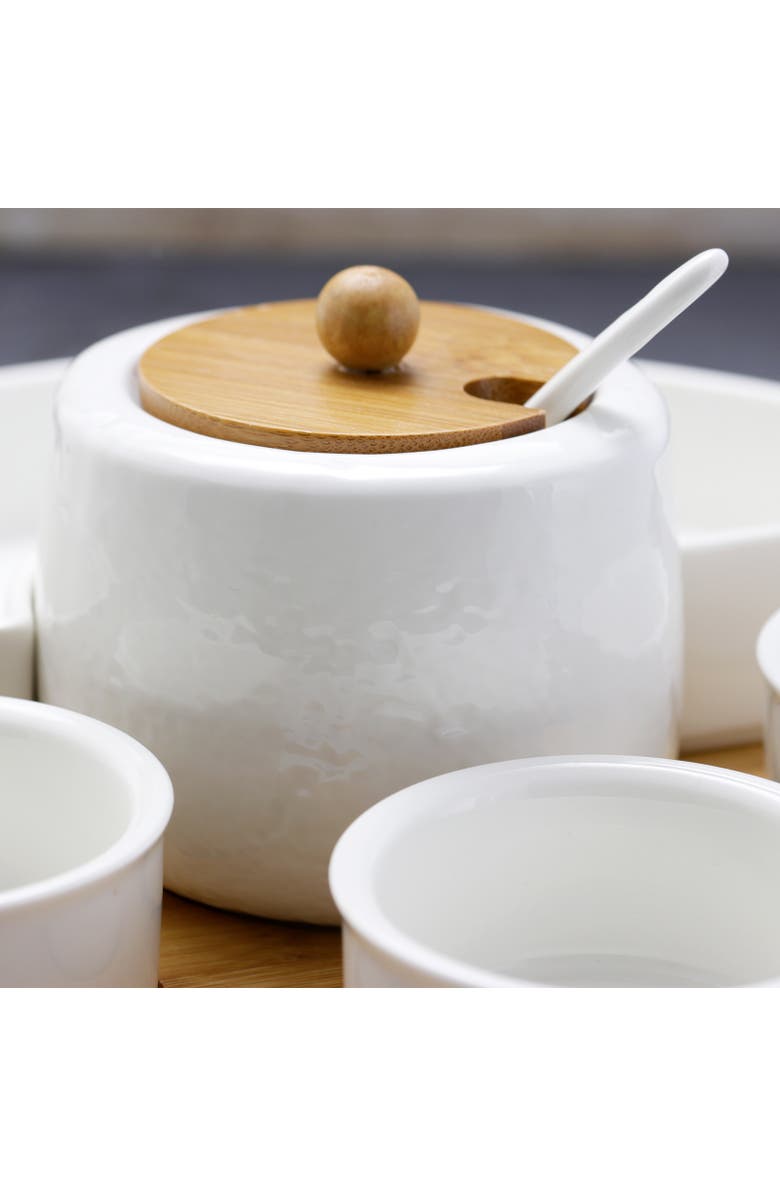 Elama 8 Piece Appetizer Serving Set with 4 Serving Dishes, Center Condiment Server, Spoon, and Wood Serving Tray, Alternate, color, White