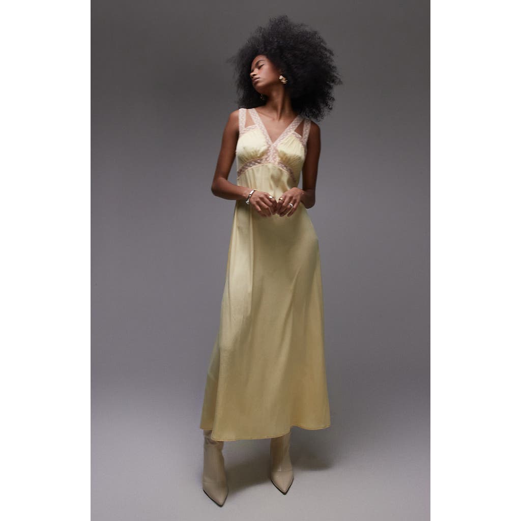Topshop Lace Insert Midi Dress With Pleated Bust In Lemon