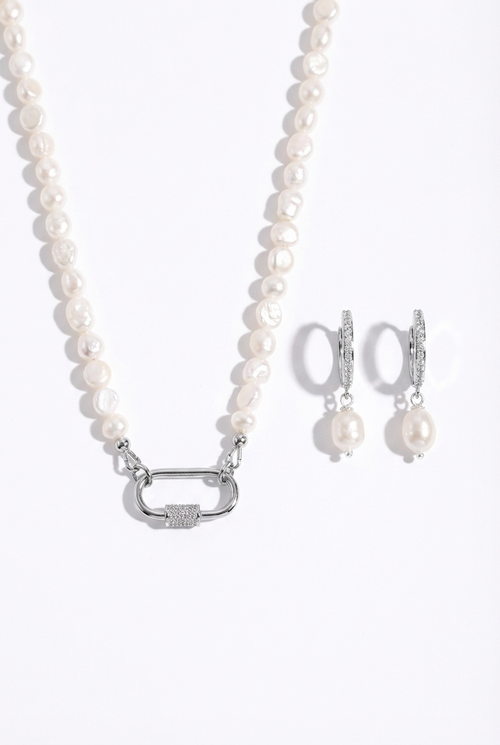 Joey Baby Baroque Pearl Stainless Steel Necklace And Huggie Earring Set