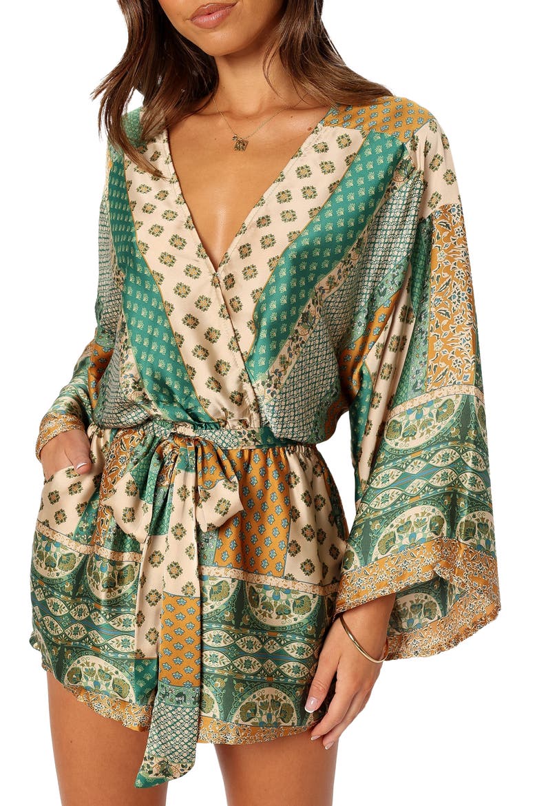 Elyse Long Sleeve Satin Romper, Alternate, color, GREEN