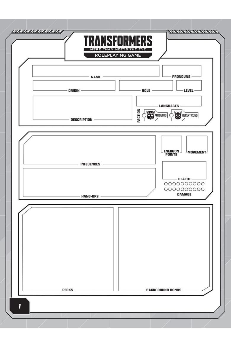 Transformers Roleplaying Game Expanded Character Sheet Journal, Alternate, color, Multicolored