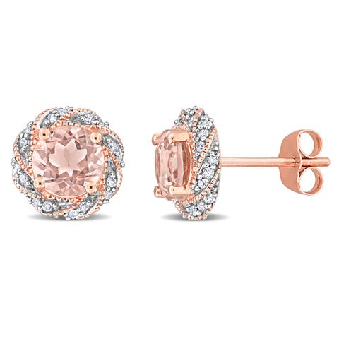Morganite & Diamond Halo Stud Earrings 14K