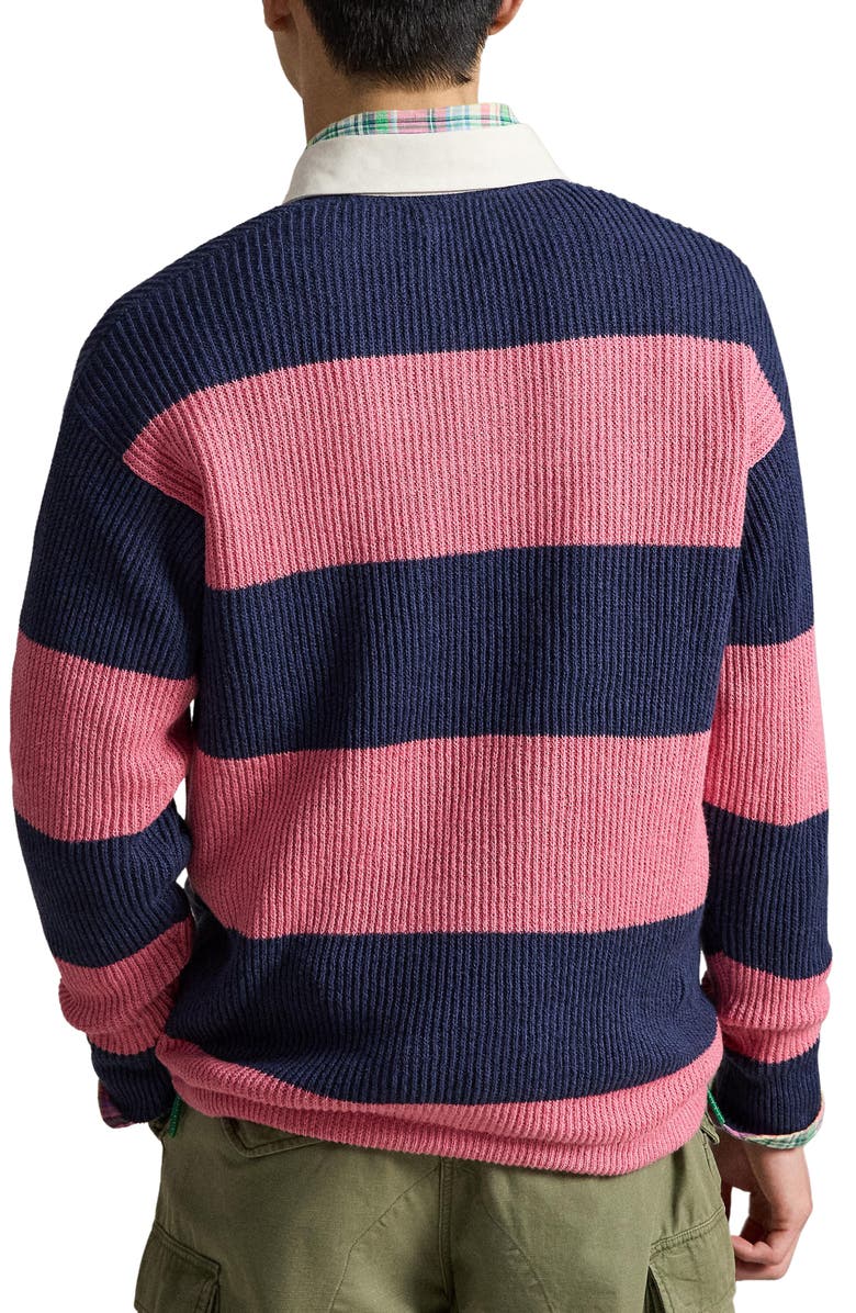 Polo Ralph Lauren Stripe Linen & Cotton Rugby Sweater, Alternate, color, Navy Pink Combo