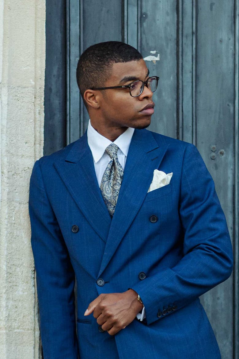 Donatello - Extra Long Silk Jacquard Tie for Men, Alternate, color, Navy and Pewter