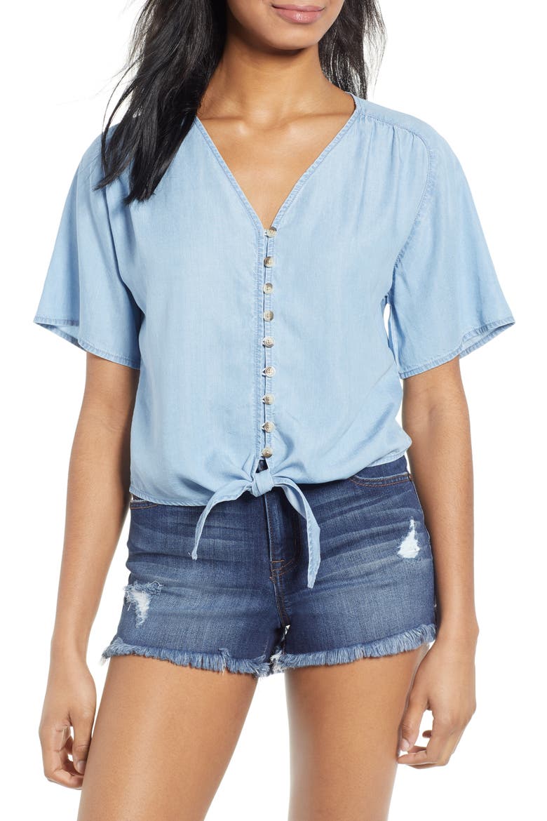 Button Front Chambray Top, Main, color, LIGHT WASH
