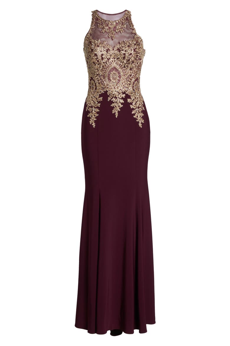 Xscape Embroidered Mermaid Gown, Alternate, color, WINE/ GOLD