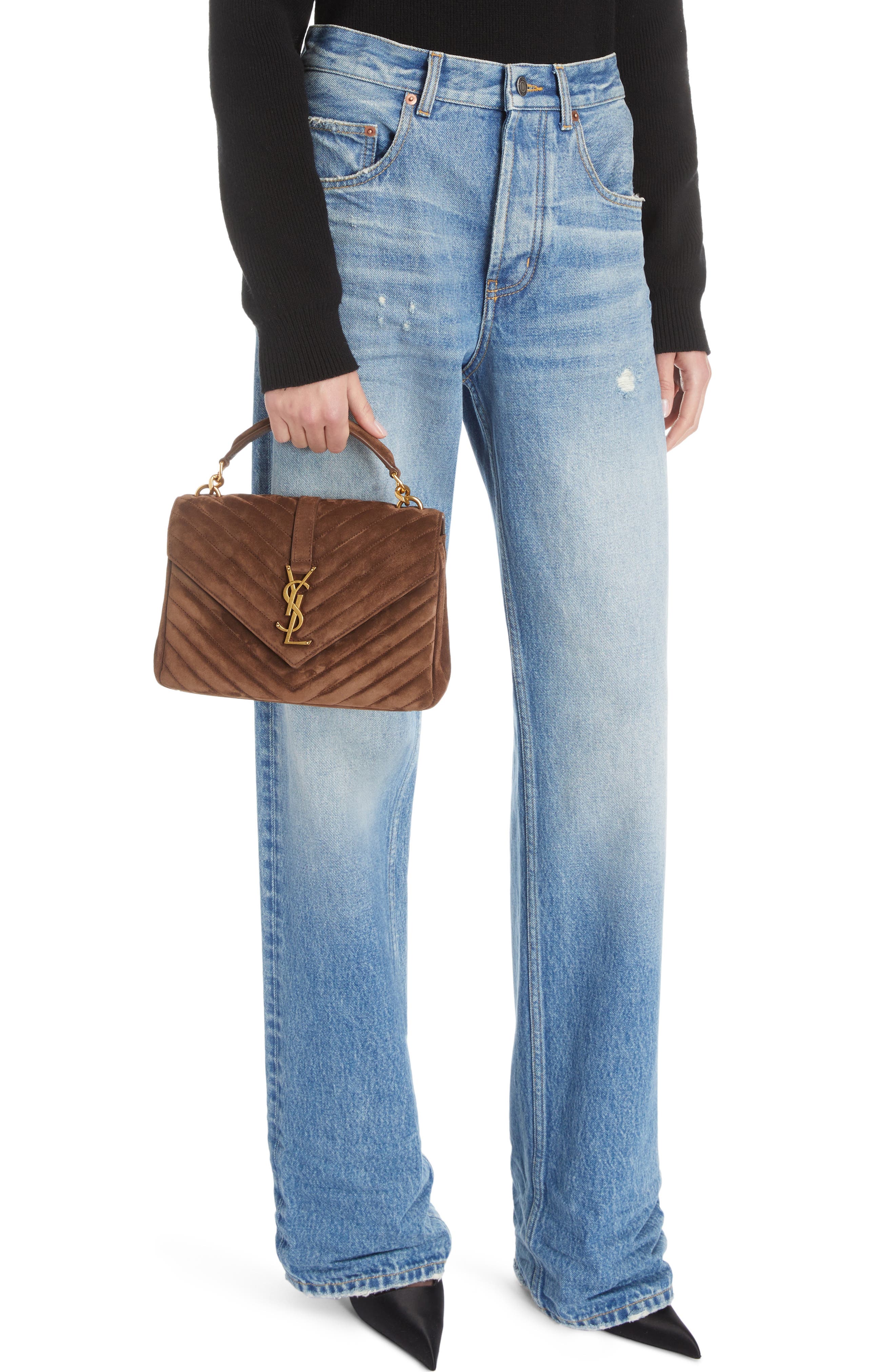 Saint Laurent Medium College Suede Shoulder Bag, Alternate, color, 