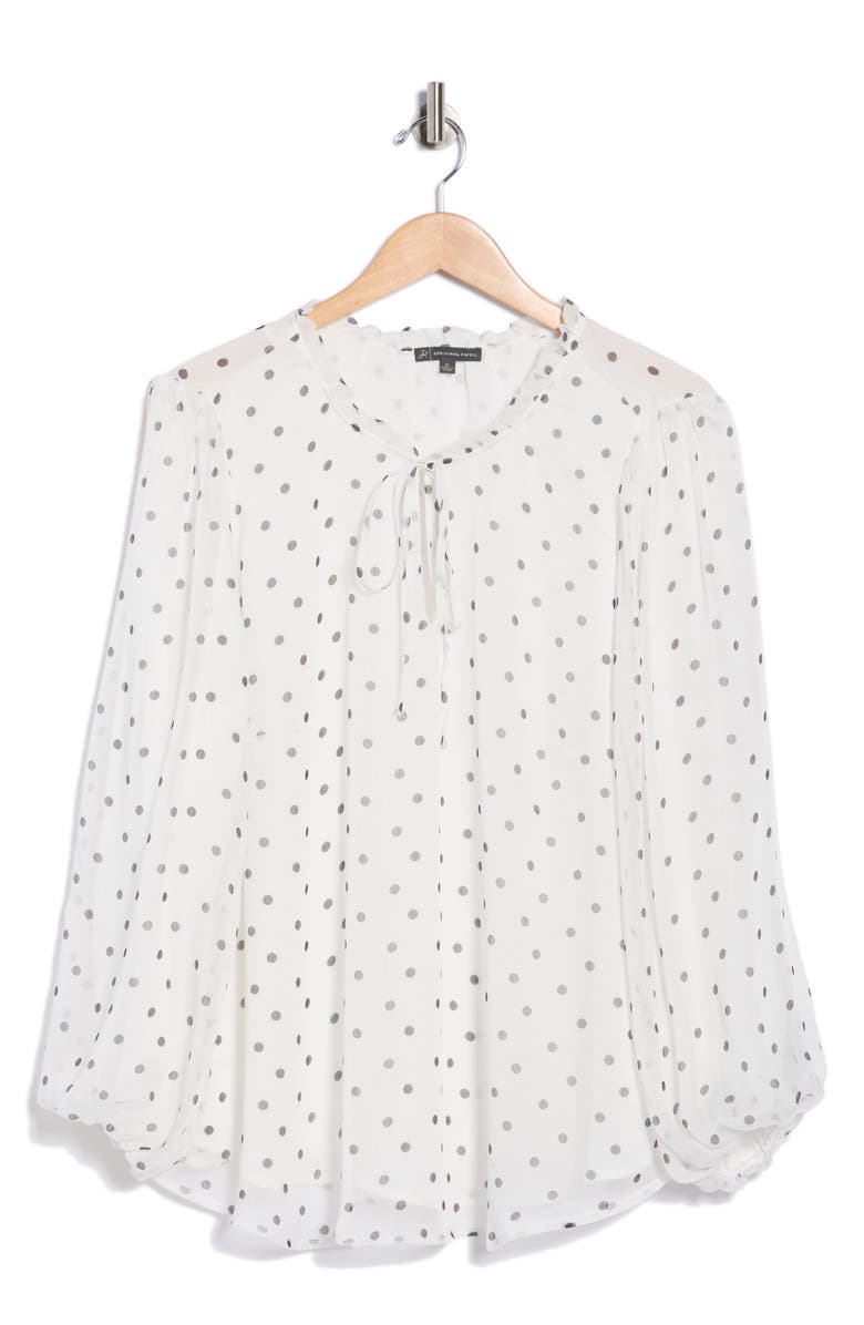 Adrianna Papell Ruffle Long Sleeve Top, Main, color, Ivory/ Black Timeless Dot