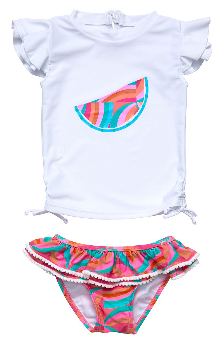 Snapper Rock Geo Melon Flutter Sleeve Two-Piece Rashguard Swimsuit, Main, color, 