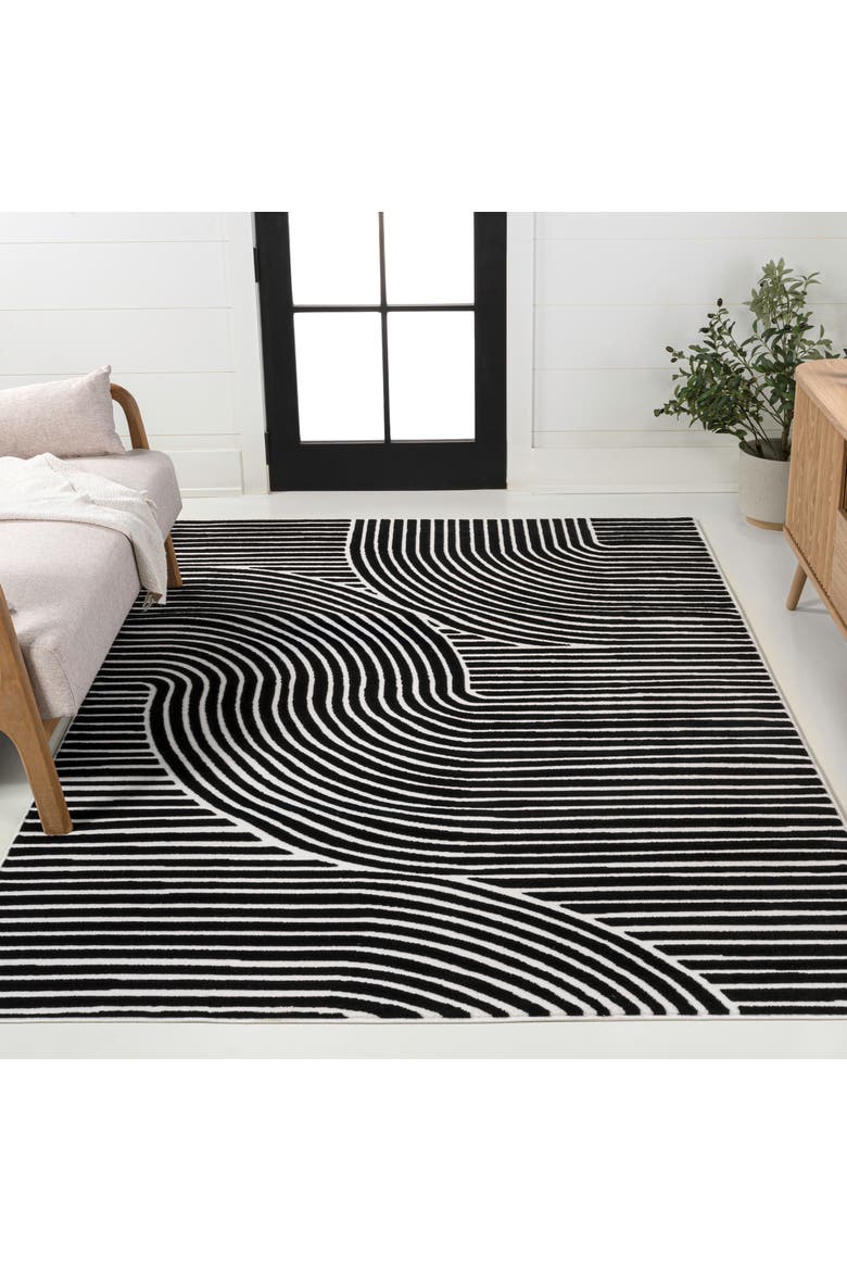 Hallie High-Low Minimalist Curve Geometric Indoor/Outdoor Area Rug, Alternate, color, Black/White