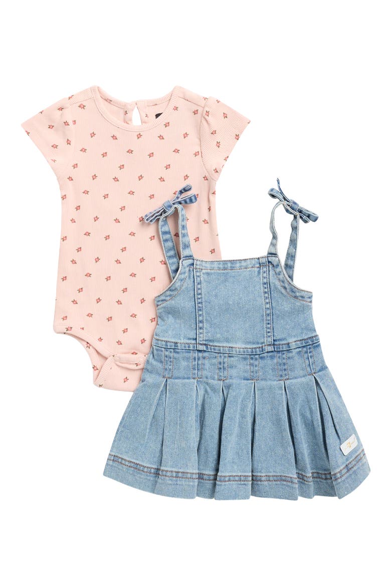 Short Sleeve Bodysuit & Denim Jumper Dress Set, Main, color, PINK MIST