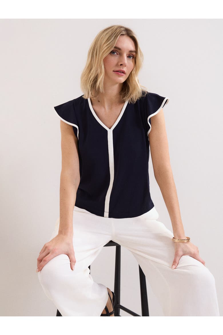 Fleur Ruffle Sleeve V-Neck Top, Alternate, color, Navy