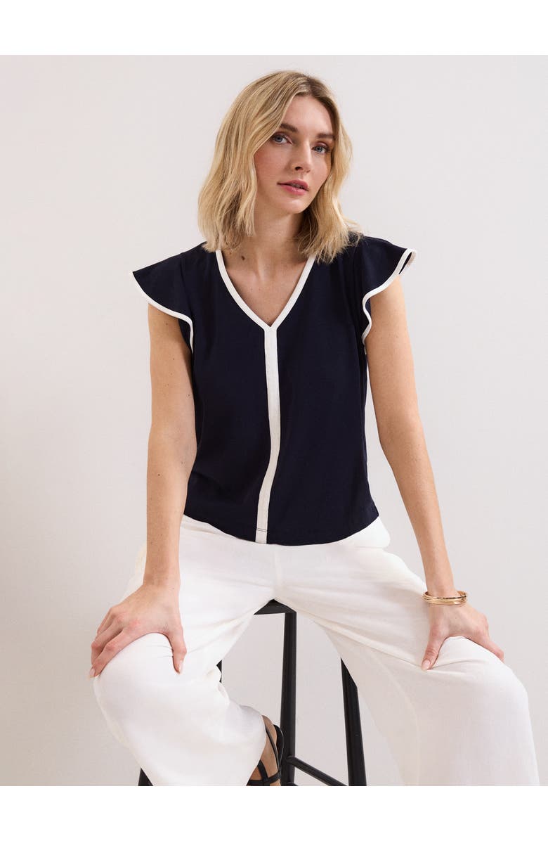 Phase Eight Fleur Ruffle Sleeve V-Neck Top, Alternate, color, Navy
