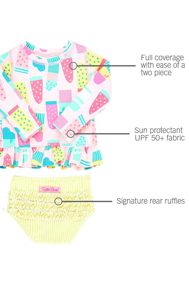 Toddler Girls Long Sleeve Ruffle Hem UPF50+ Rash Guard Bikini, Alternate, color, Ice Cream Social