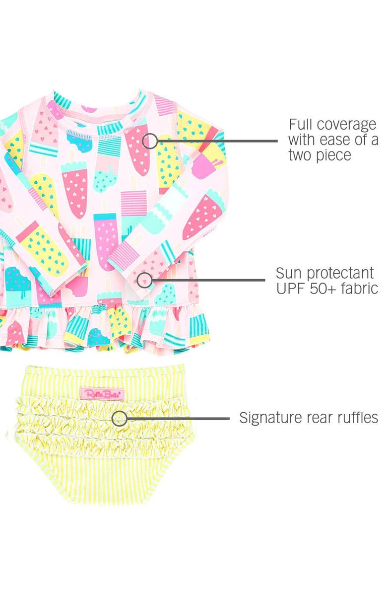RuffleButts Toddler Girls Long Sleeve Ruffle Hem UPF50+ Rash Guard Bikini, Alternate, color, Ice Cream Social