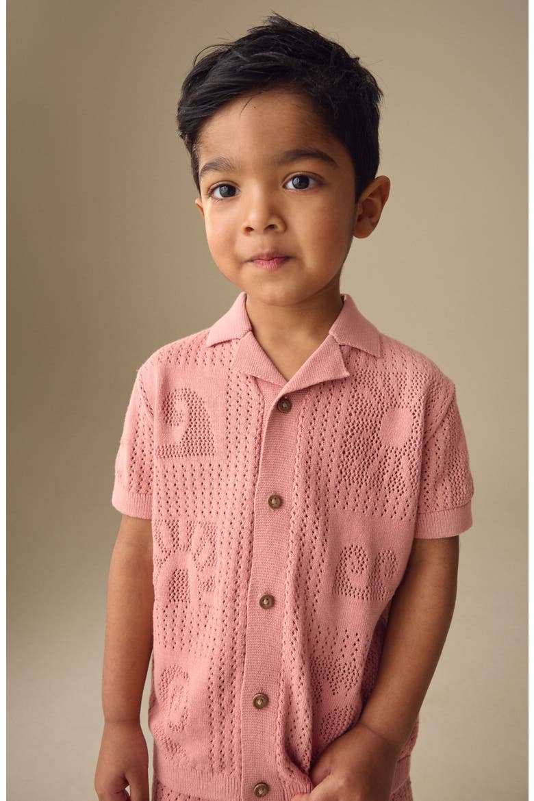 Kids' Leaf Open Knit Camp Shirt & Shorts Set, Alternate, color, PINK