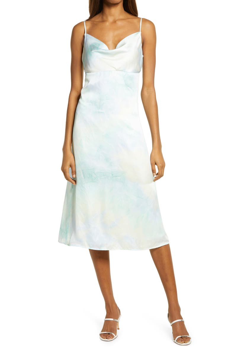 Tranquil State Tie Dye Satin Midi Dress, Main, color, BLUE MULTI