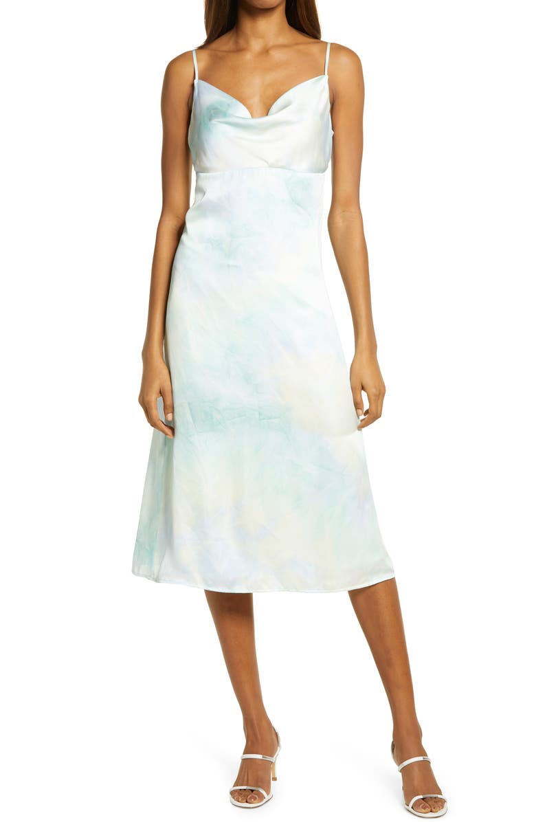 Lulus Tranquil State Tie Dye Satin Midi Dress, Main, color,