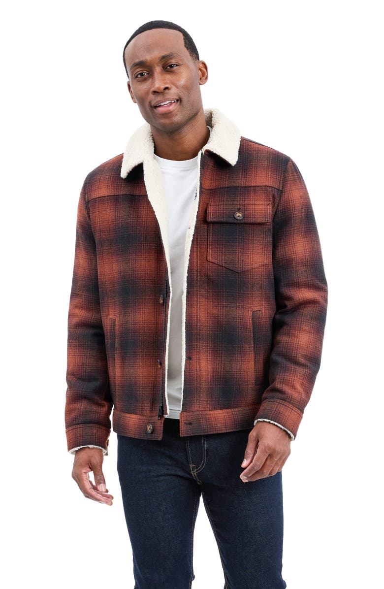 Lucky Brand Plaid Faux Shearling Lined Trucker Jacket, Alternate, color, Brown Plaid