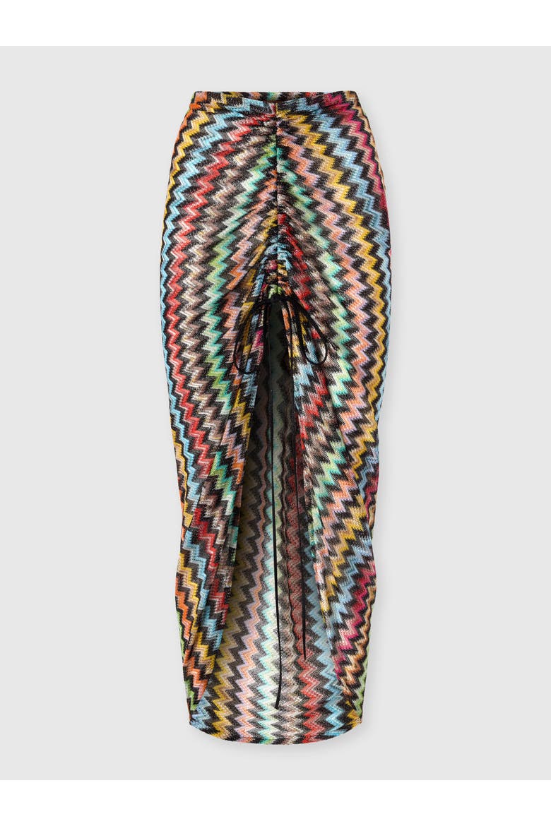 Ruched Long Skirt In Lamé Viscose With Micro Zigzag Pattern, Main, color, Black & Multicoloured