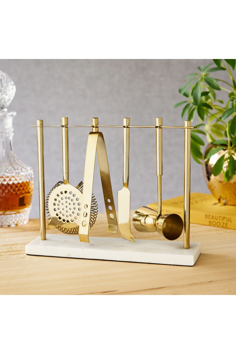 4-Piece Bar Tool Set in Gold with Marble and Stainless Steel Stand, Alternate, color, Gold