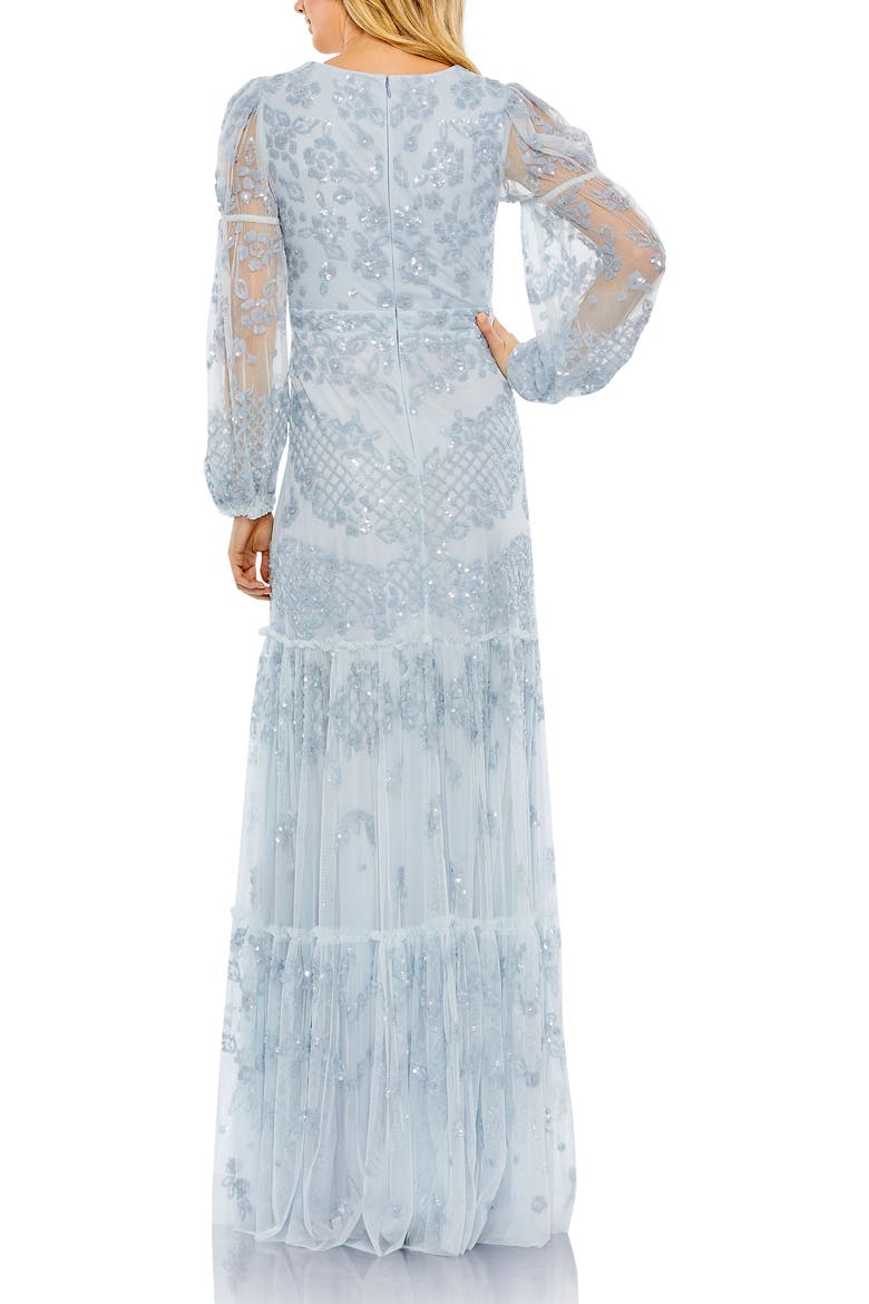 Sequined Tiered Wrap Over Puff Sleeve Gown, Alternate, color, Sky Blue