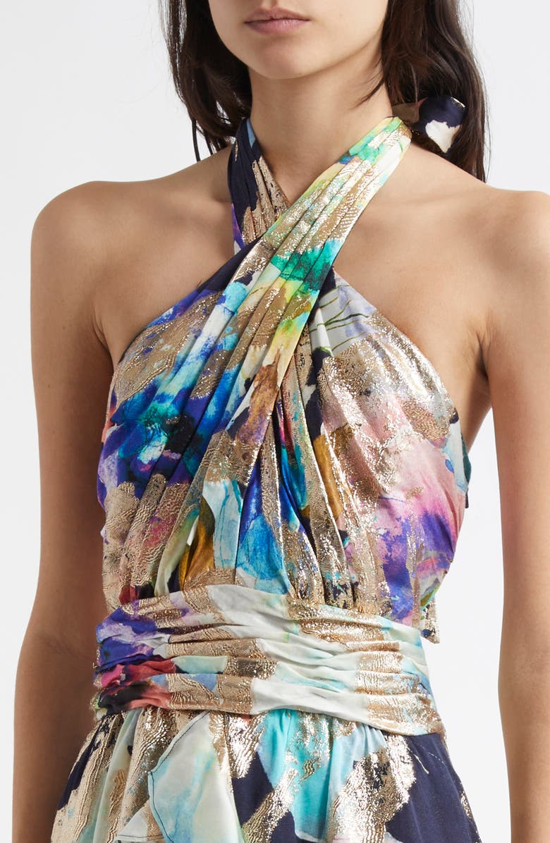 Ramy Brook Marble Reuben Ruffle Metallic Jacquard Halter Minidress, Alternate, color, 