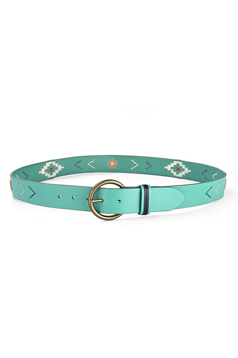 Boho Genuine Leather Perforated Handcrafted Detail Belt, Alternate, color, Aqua