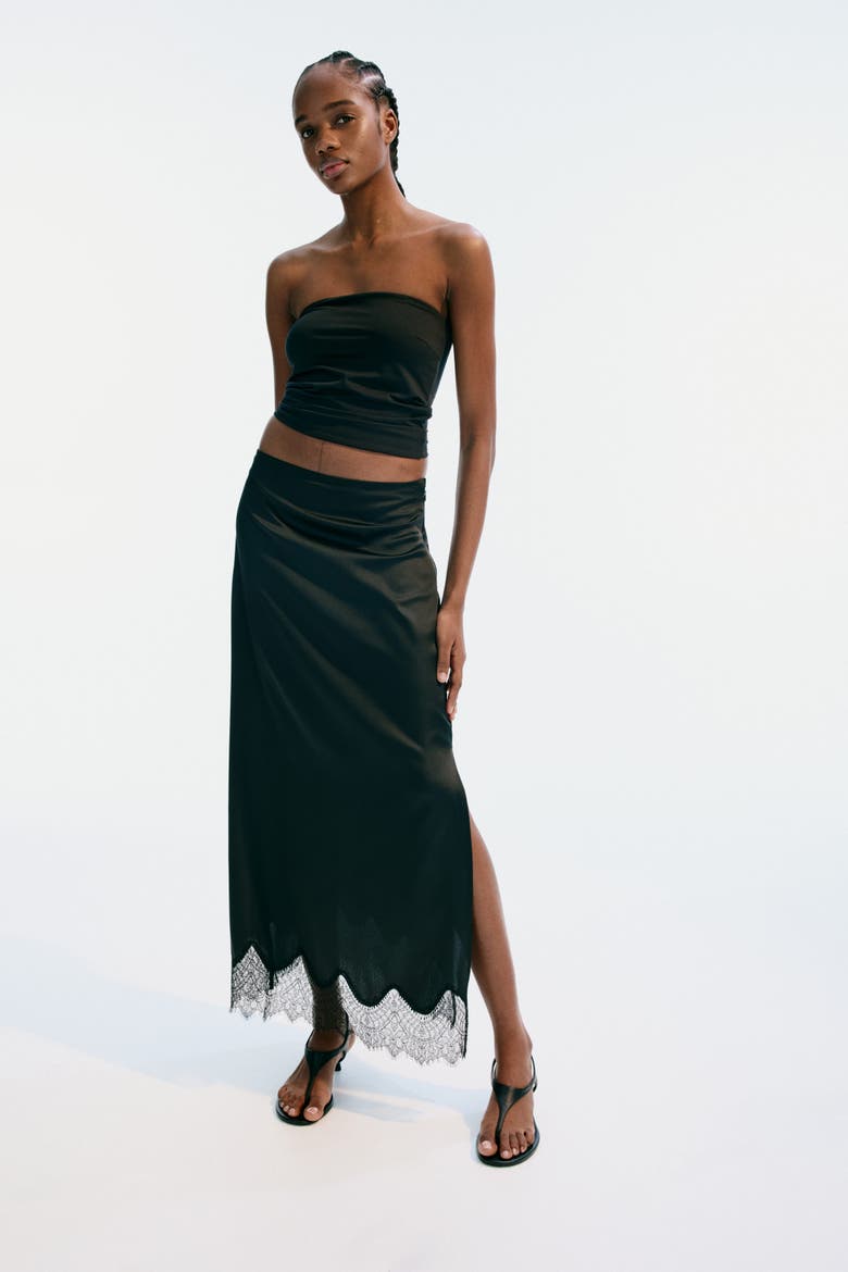Lace-trimmed Satin Skirt, Alternate, color, Black