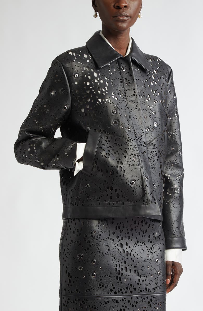 ST. JOHN Grommet Embellished Laser Cut Leather Jacket, Alternate, color, 