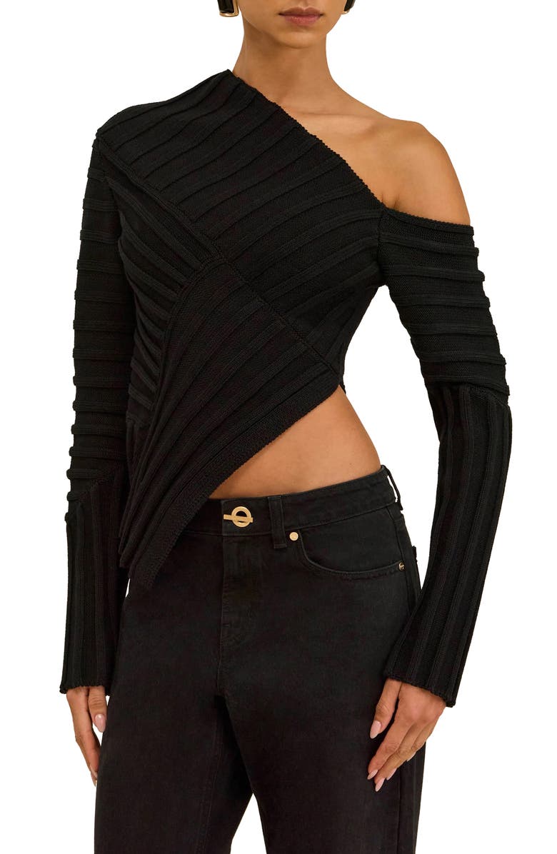 Cult Gaia Jaidan Asymmetric Cotton Ribbed Top, Main, color, Black