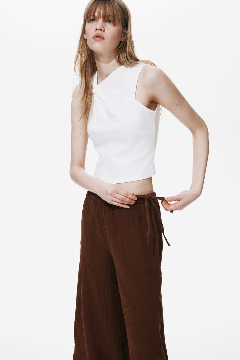 Drawstring-detail Muslin Pants, Alternate, color, Brown