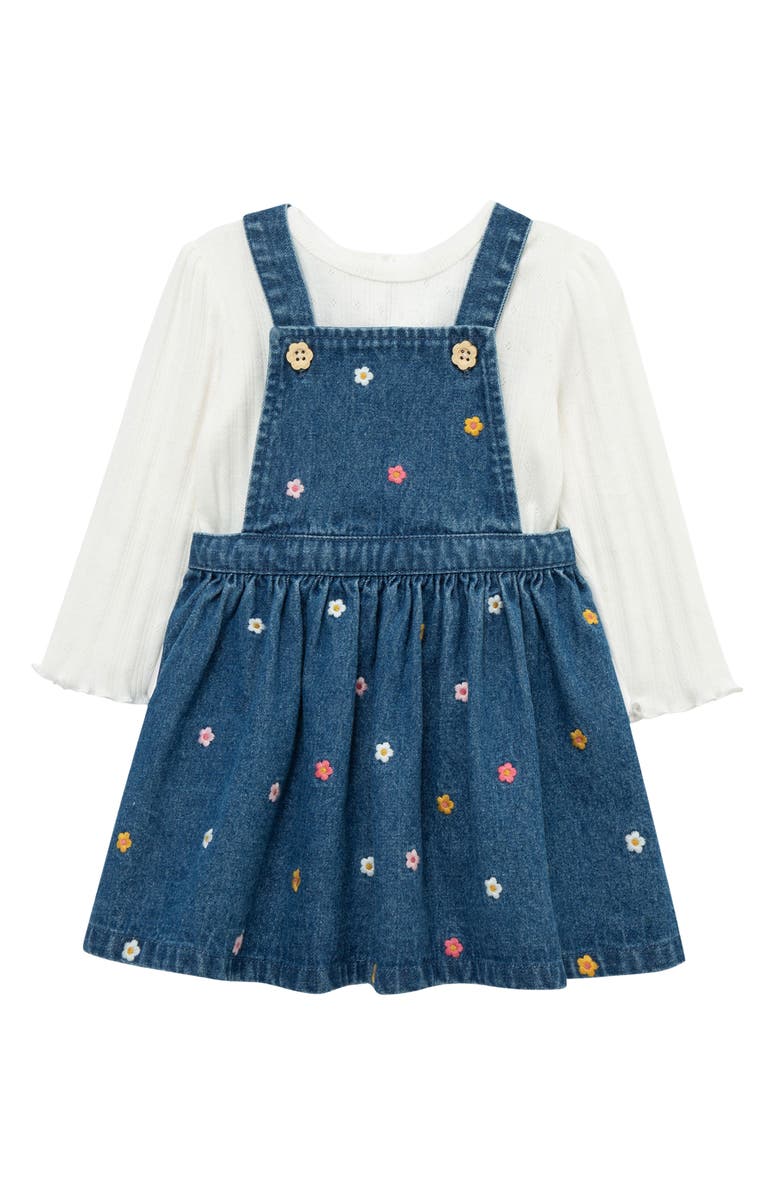 Little Me Long Sleeve T-Shirt & Floral Denim Dress Set, Alternate, color, Navy Multi