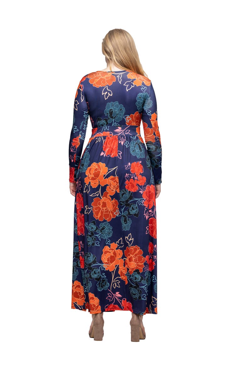 Floral Print Long Sleeve Side Slit Maxi Dress, Alternate, color, Navy Multi
