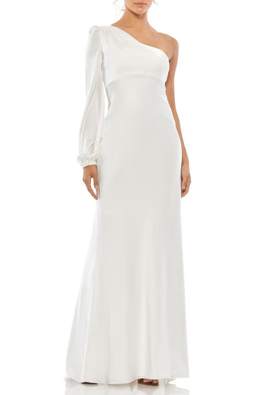 Mac Duggal One-shoulder Gown With Dramatic Puff Sleeve And Thigh-high Slit In White In White