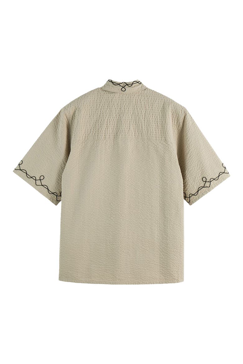 Oversize Embroidered Short Sleeve Cotton Seersucker Button-Up Shirt, Alternate, color, PLAZA TAUPE
